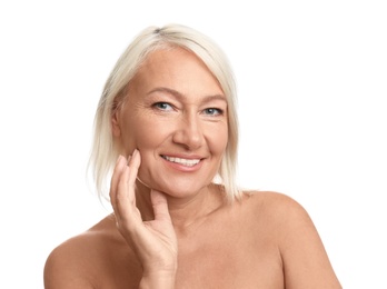 Mature woman with beautiful face on white background