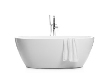 Photo of Modern clean ceramic bathtub isolated on white