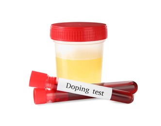 Photo of Jar of urine and blood samples with words Doping test on white background