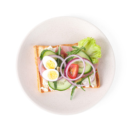 Photo of Tasty sandwich with ham and quail eggs isolated on white, top view