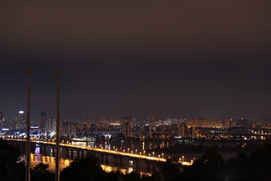 Beautiful view of bridge with illumination in modern city at night