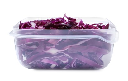 Photo of Fresh chopped red cabbage in plastic container isolated on white