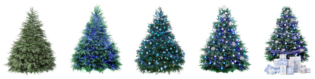Image of Christmas tree isolated on white, step-by-step decorating