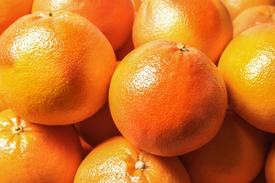 Many whole fresh ripe grapefruits as background, closeup