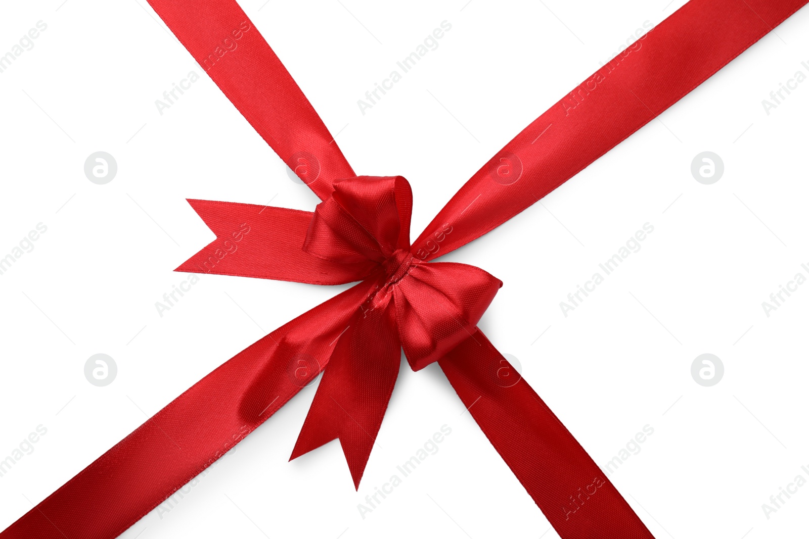 Photo of Red satin ribbon with bow isolated on white, top view