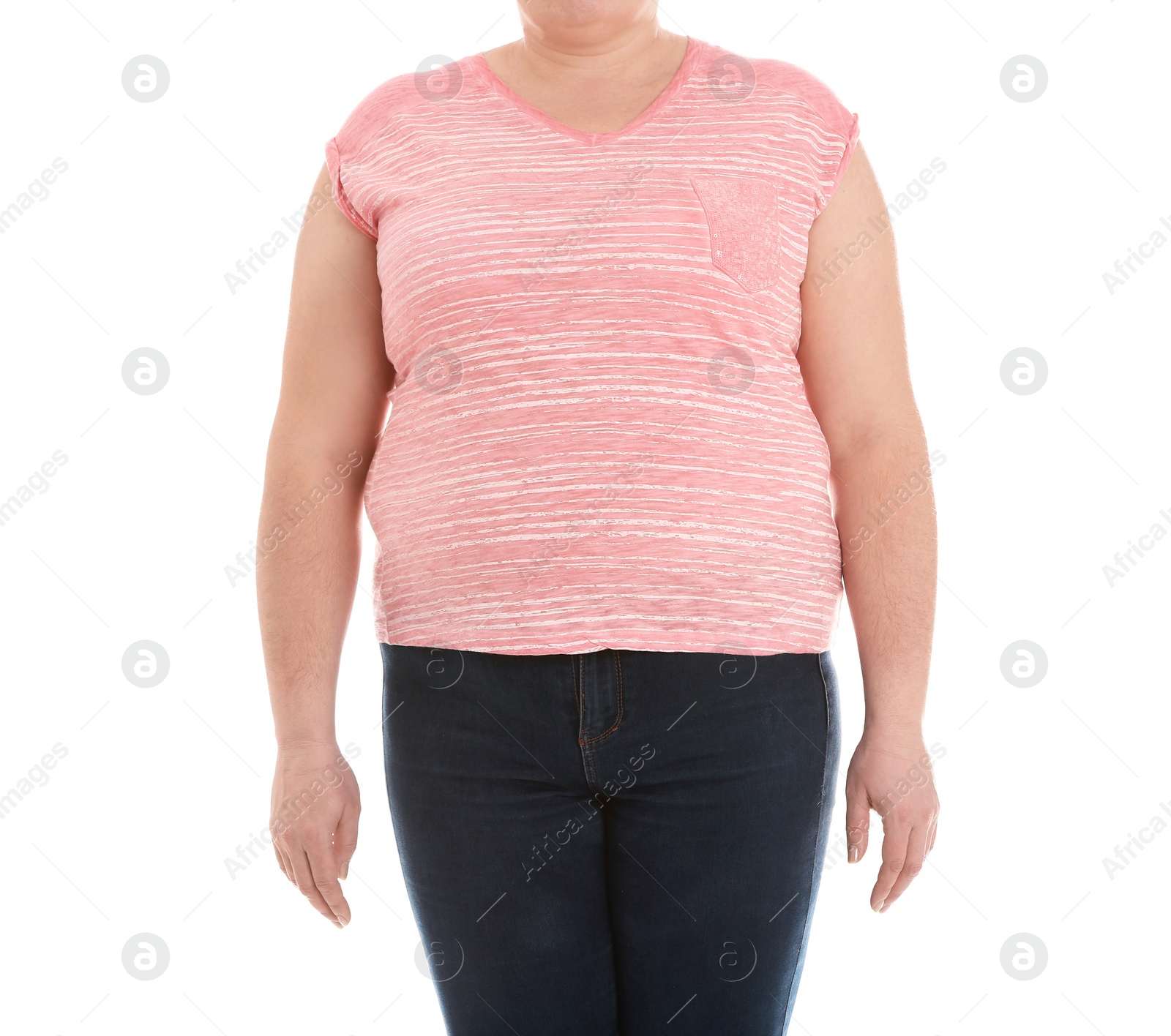 Photo of Overweight woman on white background, closeup. Weight loss