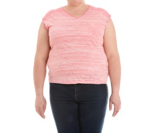 Photo of Overweight woman on white background, closeup. Weight loss