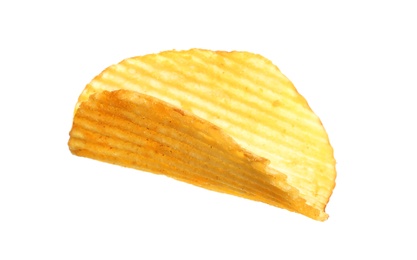 Tasty ridged potato chip on white background