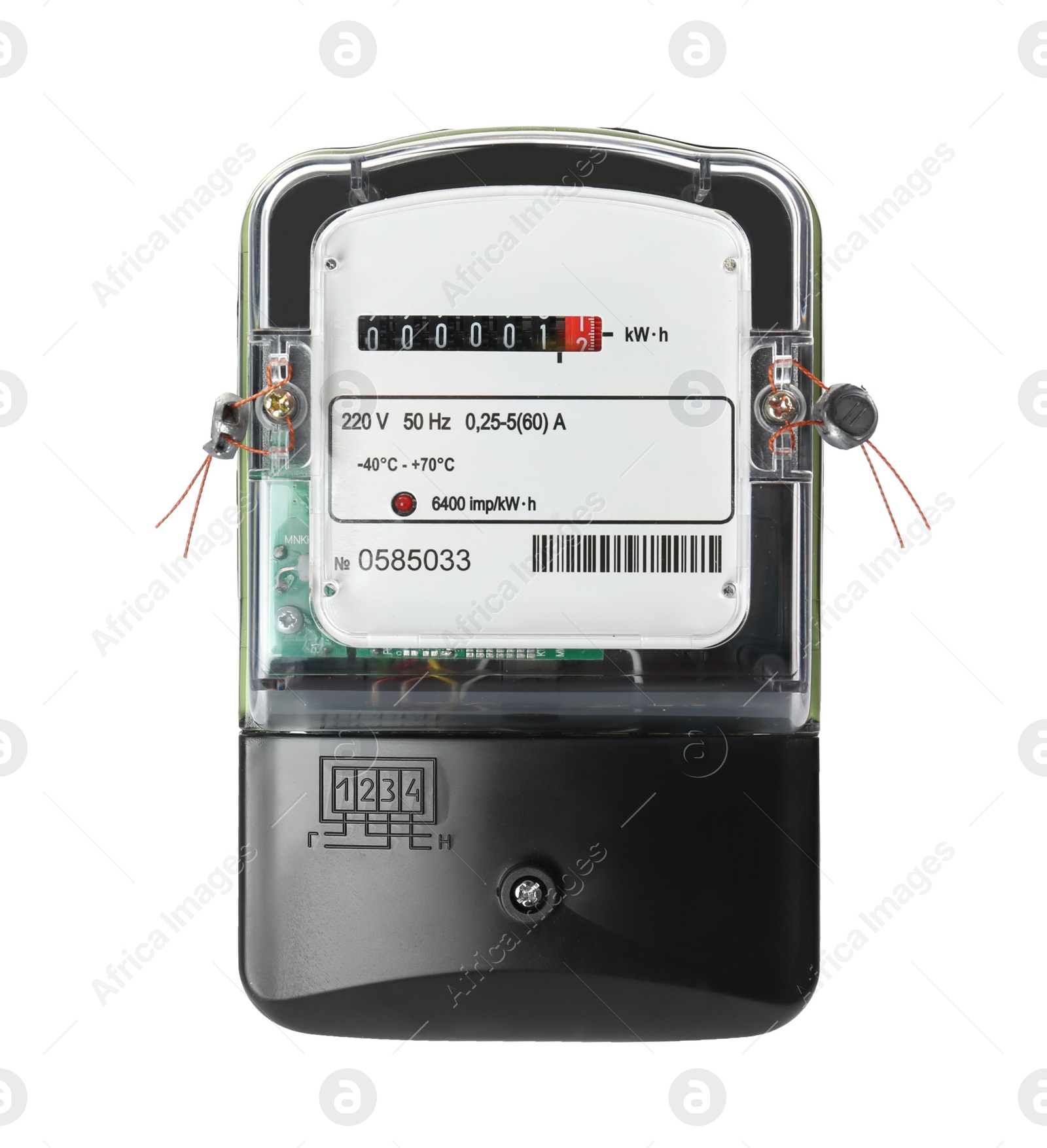 Photo of Electricity meter isolated on white background. Measuring device