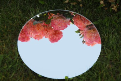 Photo of Round mirror on grass reflecting beautiful flowers and sky, closeup