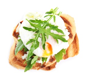 Delicious sandwich with arugula and egg isolated on white, top view