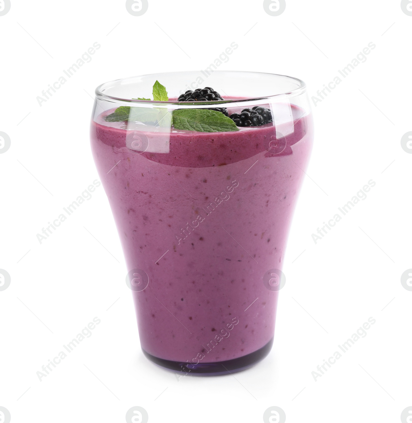 Photo of Delicious blackberry smoothie in glass on white background