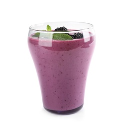 Photo of Delicious blackberry smoothie in glass on white background