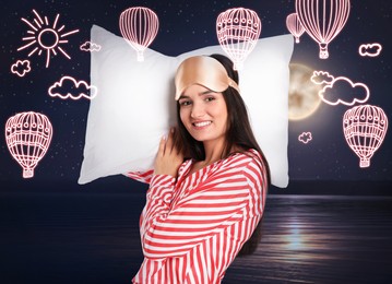 Beautiful woman dreaming about hot air balloon flight, night sky with full moon on background