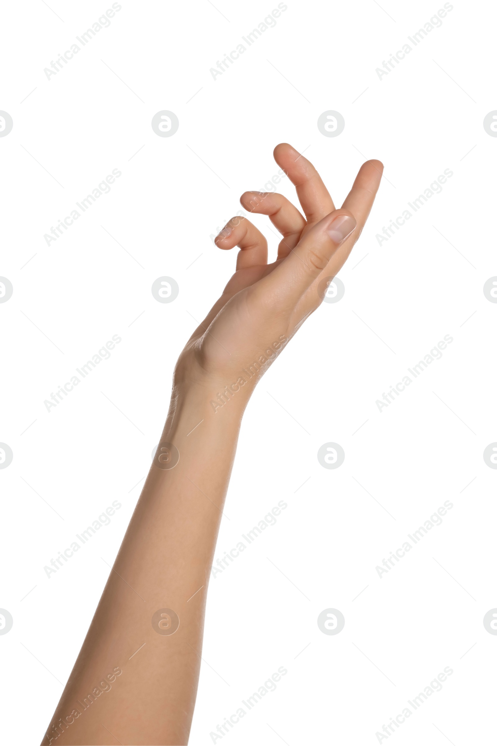 Photo of Woman holding something on white background, closeup of hand