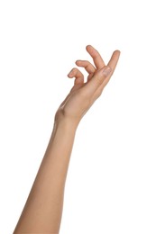 Photo of Woman holding something on white background, closeup of hand