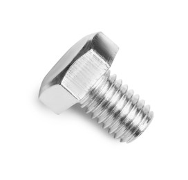 Photo of One metal bolt on white background, top view