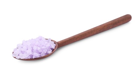 Photo of Wooden spoon with violet sea salt isolated on white