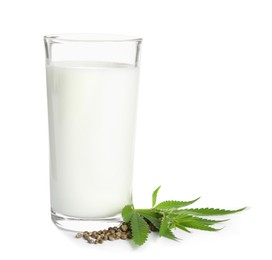 Photo of Glass of fresh hemp milk, seeds and leaves on white background