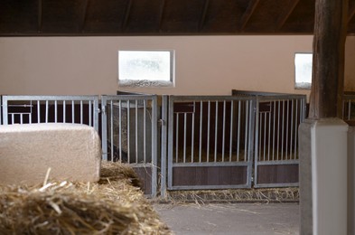 Photo of Empty barn with metal cages and hay for animals indoors