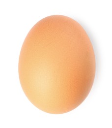 Photo of One raw chicken egg isolated on white, top view