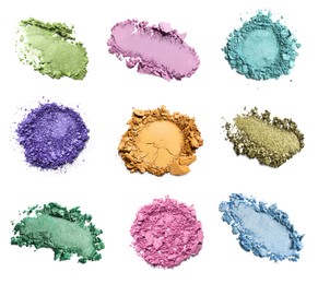 Image of Set of different crushed eye shadows on white background, top view. Bright palette