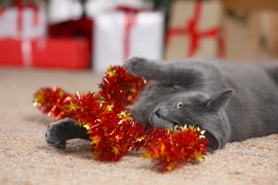 Photo of Cute cat with colorful tinsel at home, closeup