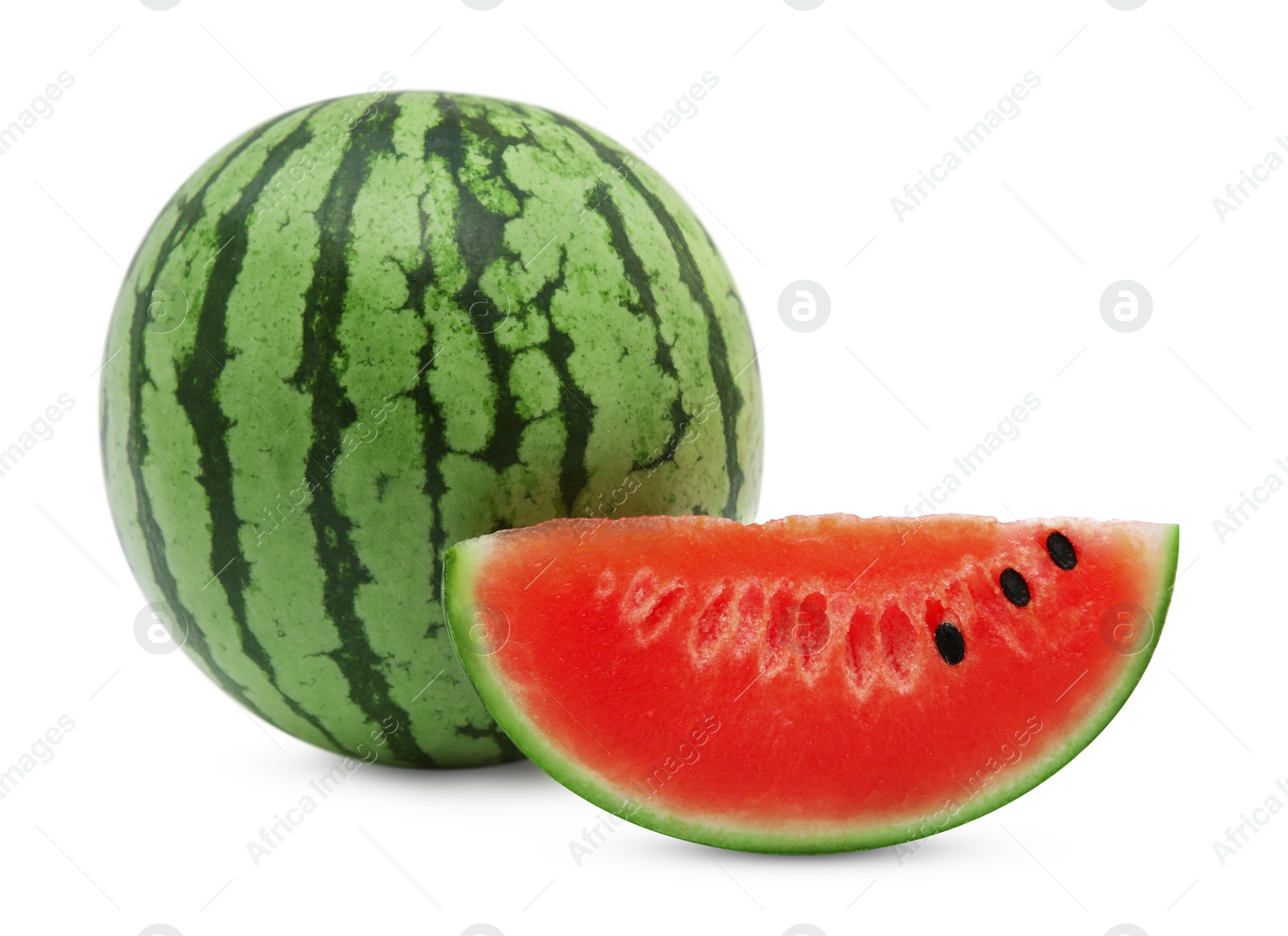 Photo of Delicious cut and whole ripe watermelons isolated on white