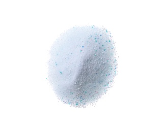 Photo of Pile of laundry powder isolated on white, top view