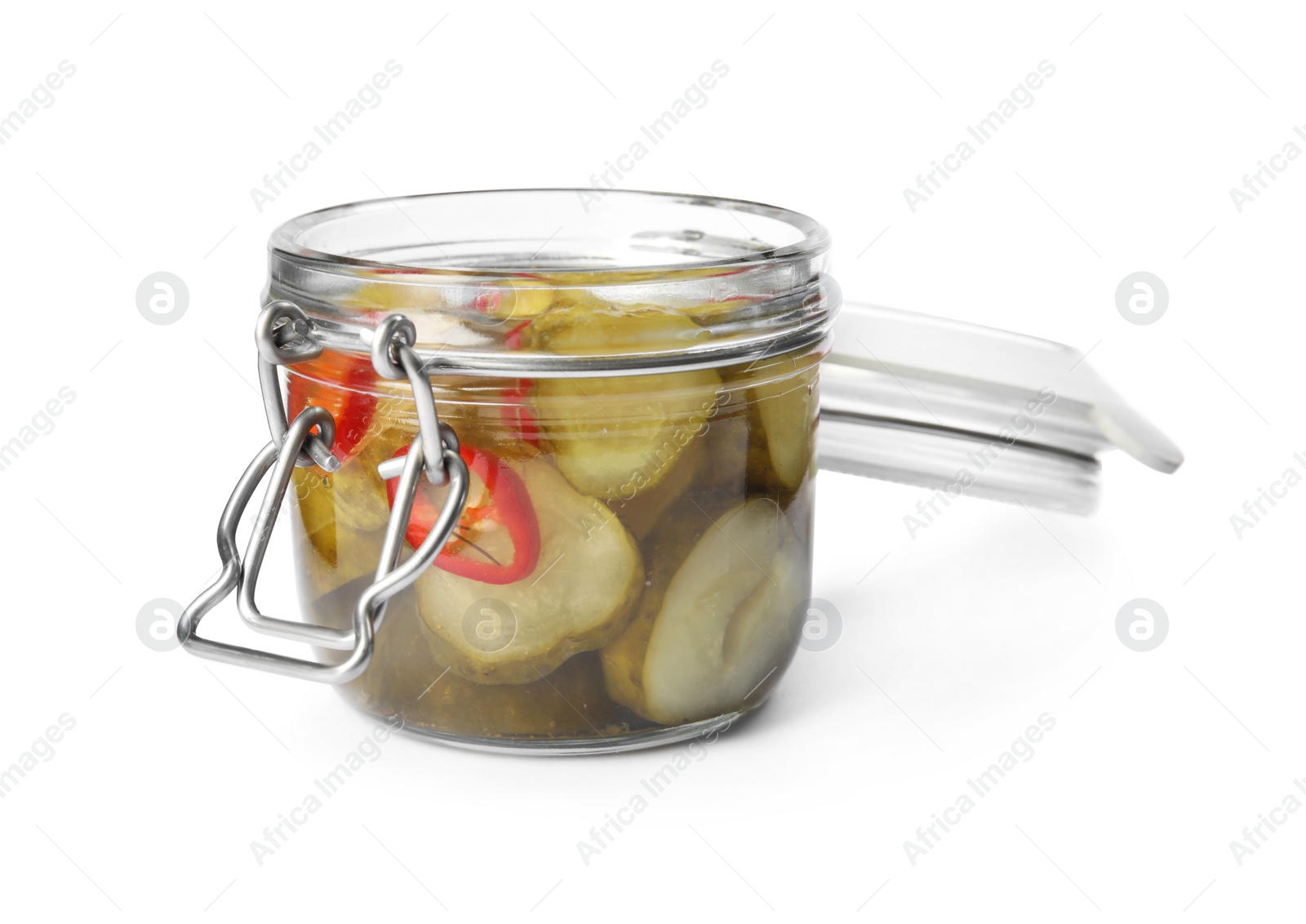 Photo of Jar with pickled cucumbers on white background