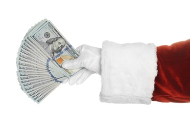 Photo of Santa holding dollar bills on white background, closeup