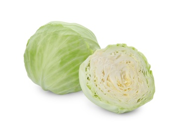 Photo of Whole and cut fresh ripe cabbages on white background