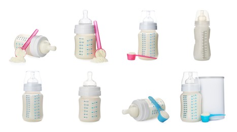 Feeding bottles with infant formula on white background, collage. Baby milk