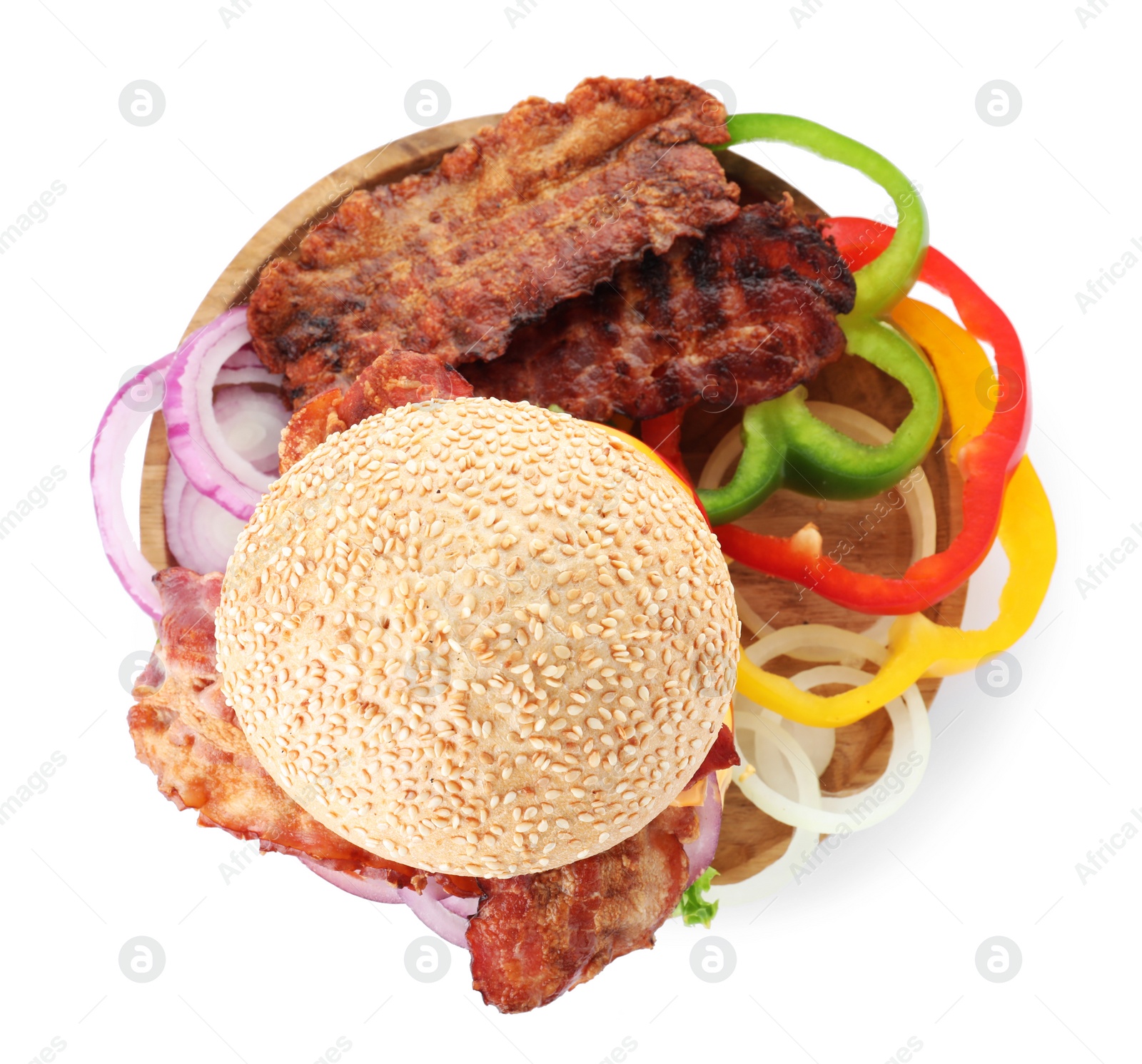 Image of Tasty burger with bacon on white background, top view