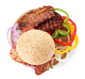 Tasty burger with bacon on white background, top view