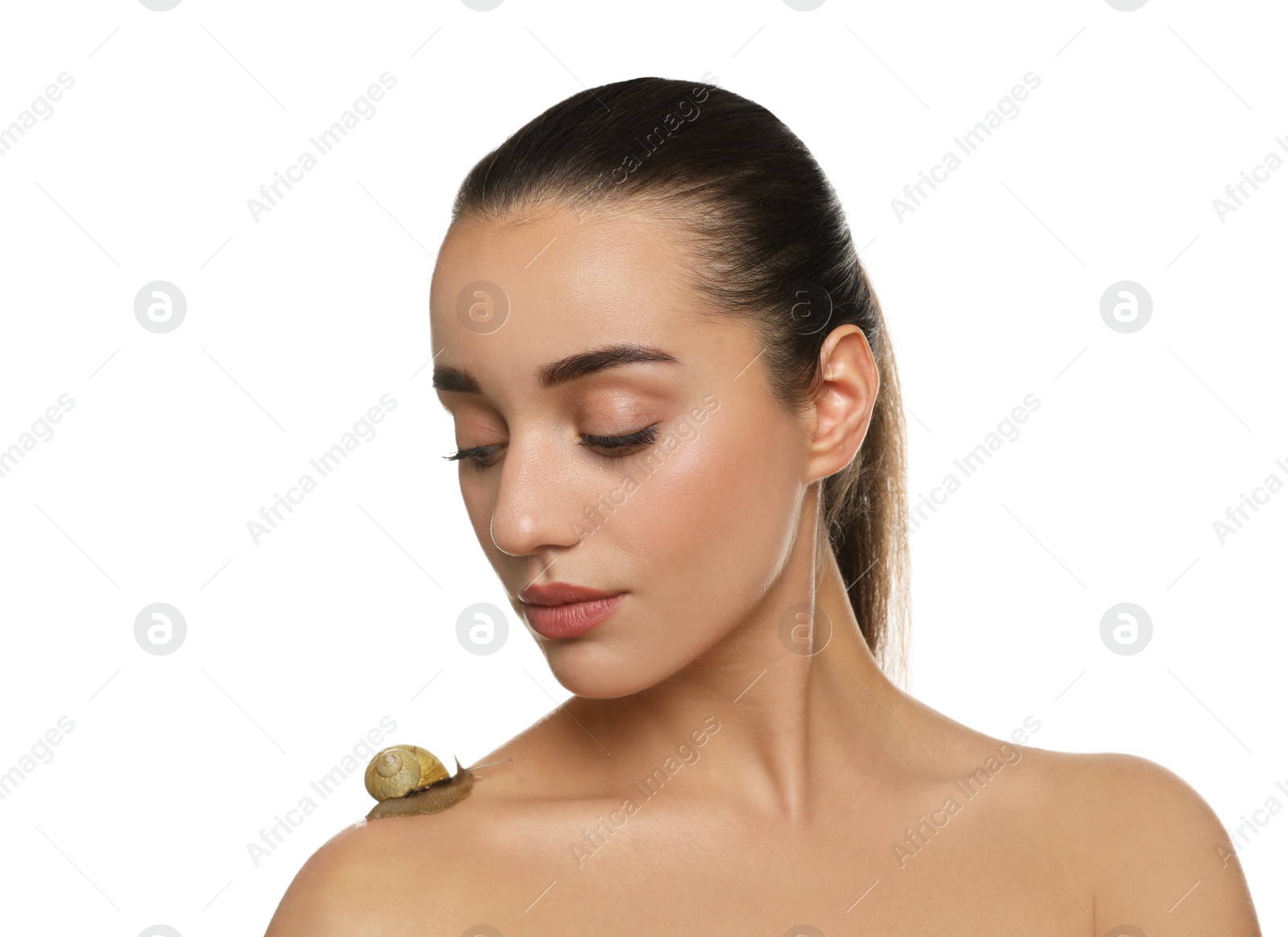 Photo of Beautiful young woman with snail on her shoulder against white background