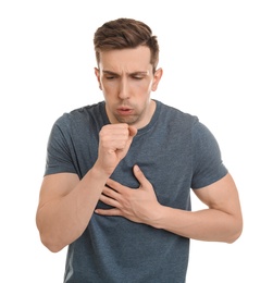 Photo of Young man coughing on white background