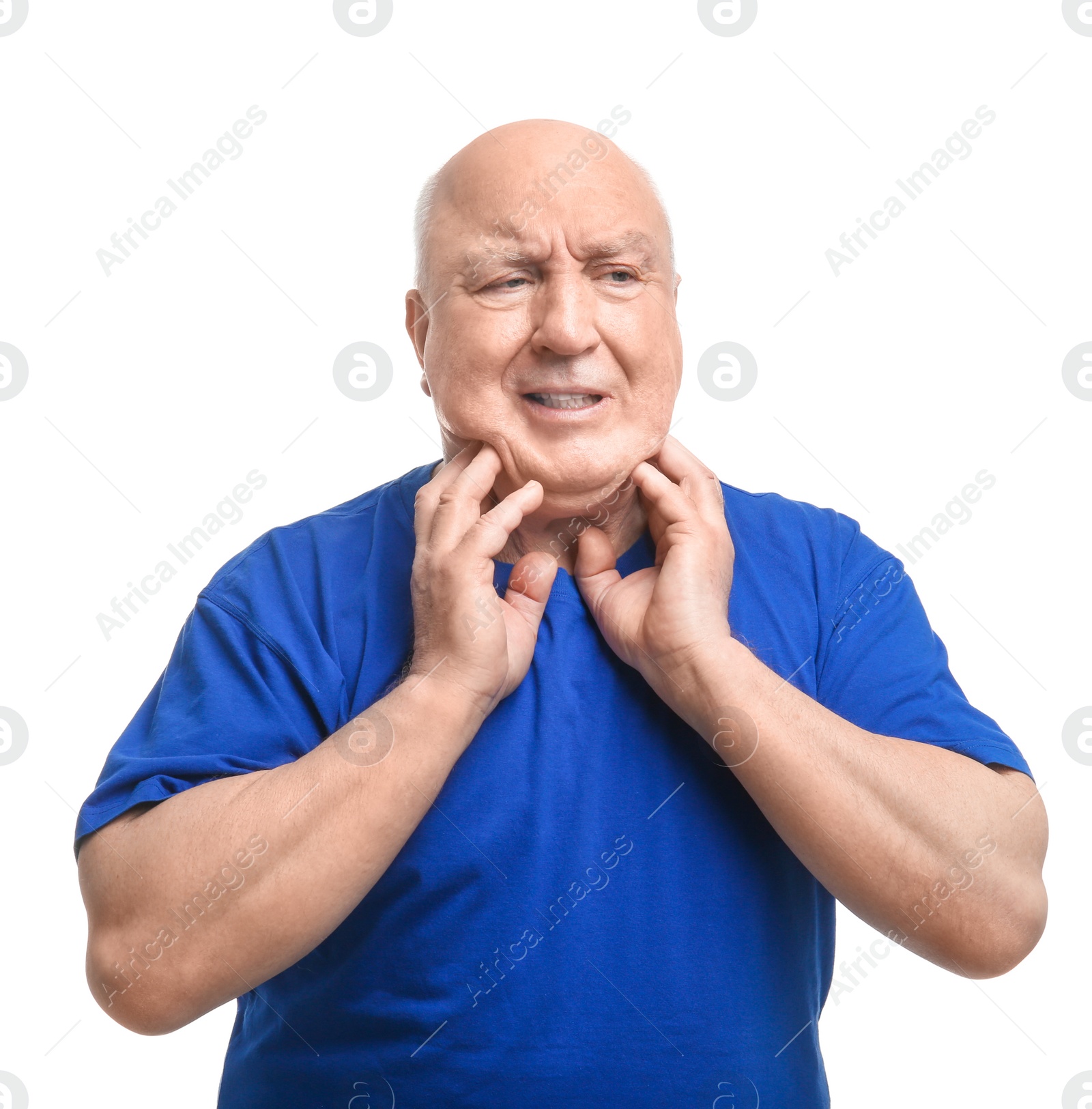 Photo of Senior man suffering from sore throat on white background. Enduring pain