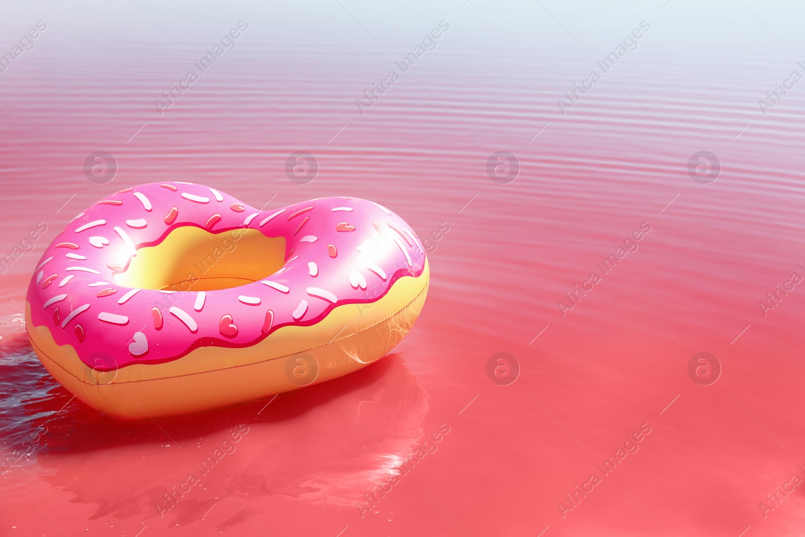 Photo of Inflatable ring floating in pink lake on sunny day