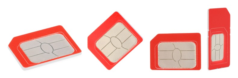 Image of Set with red SIM cards on white background. Banner design