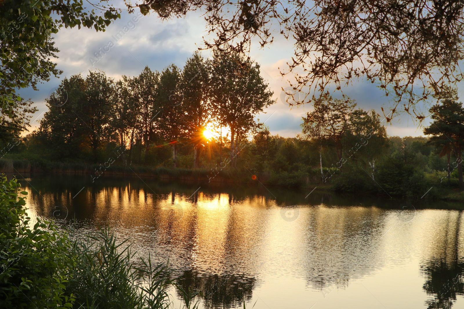 Photo of Picturesque view of countryside with river in morning