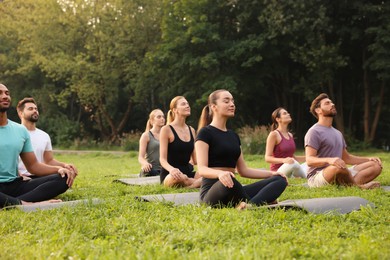 Photo of Group of people practicing yoga on mats outdoors. Lotus pose