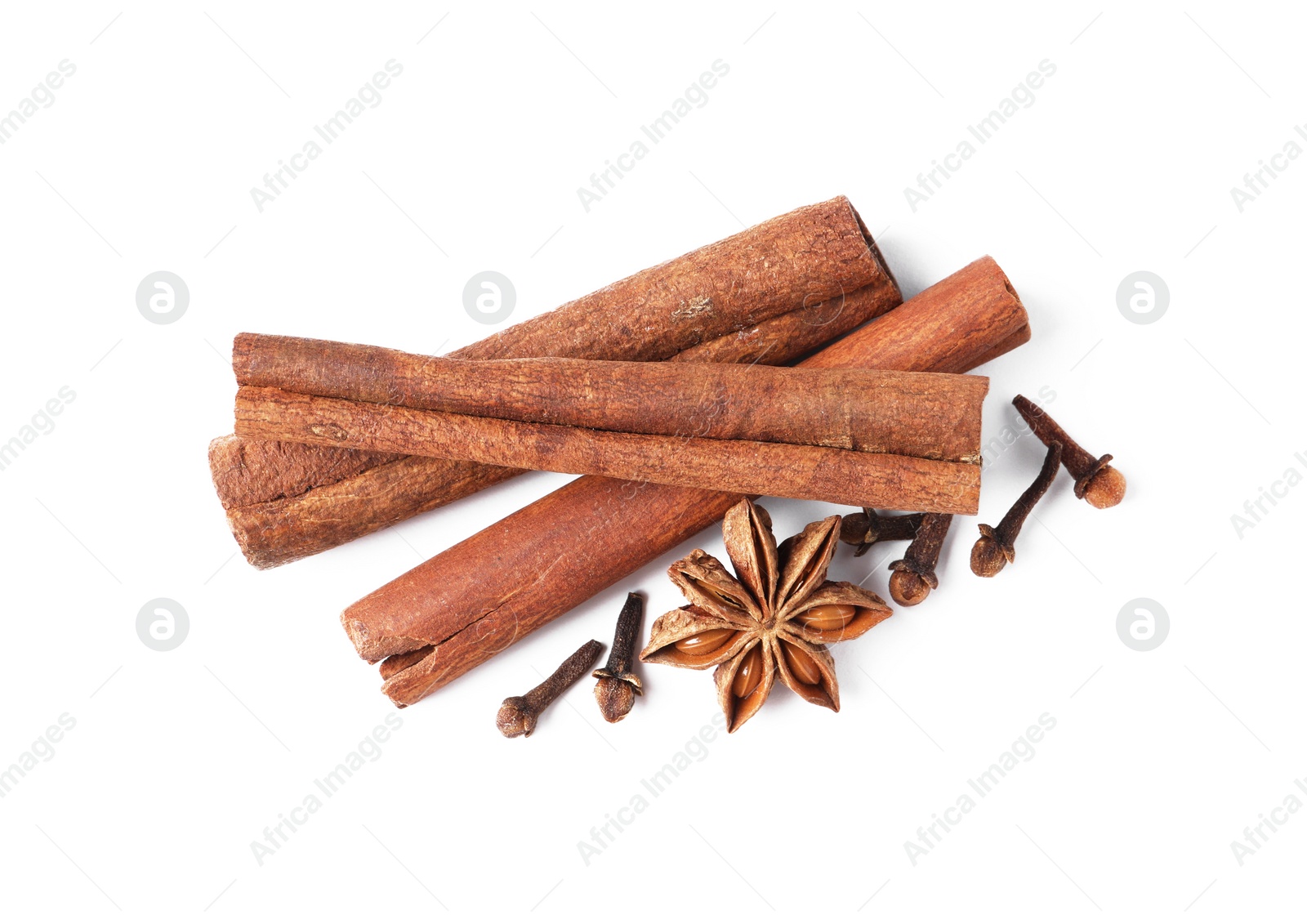 Photo of Different spices on white background, top view