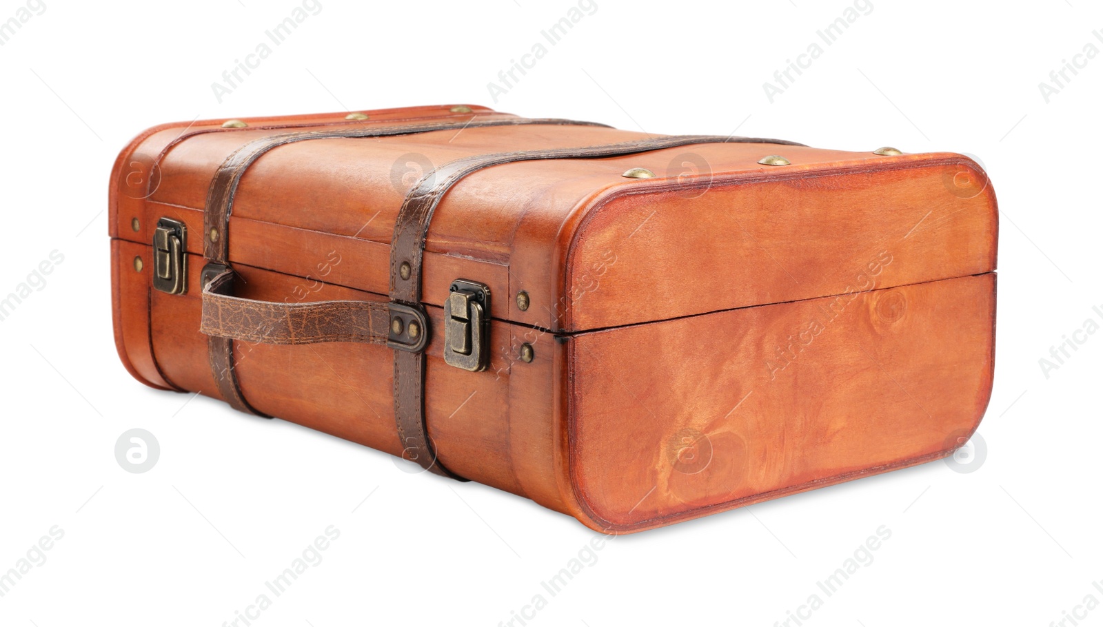 Photo of Beautiful brown stylish suitcase on white background