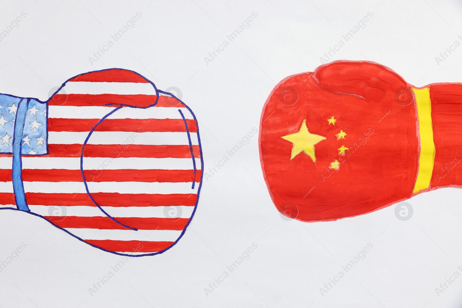 Photo of Boxing gloves with American and Chinese flags drawn on white paper, top view. Trade war