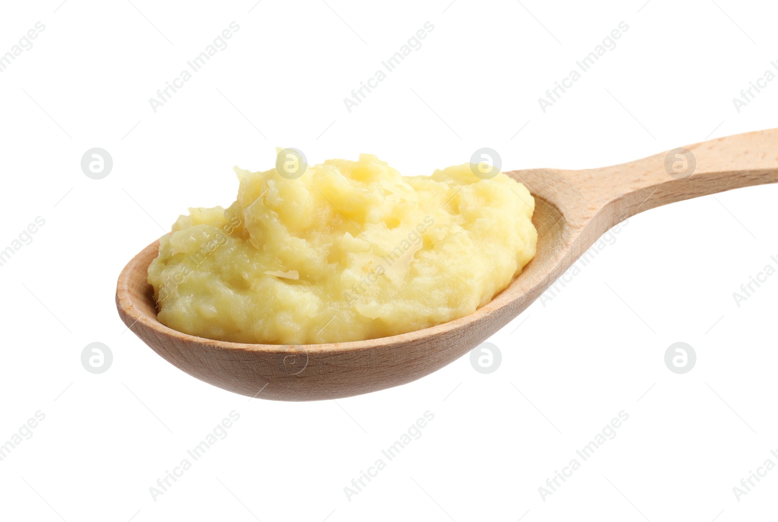 Photo of Wooden spoon of tasty mashed potatoes isolated on white