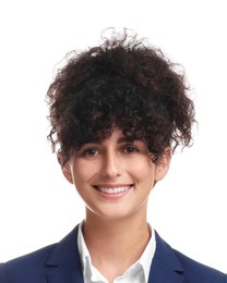 Image of Passport photo. Portrait of woman on white background