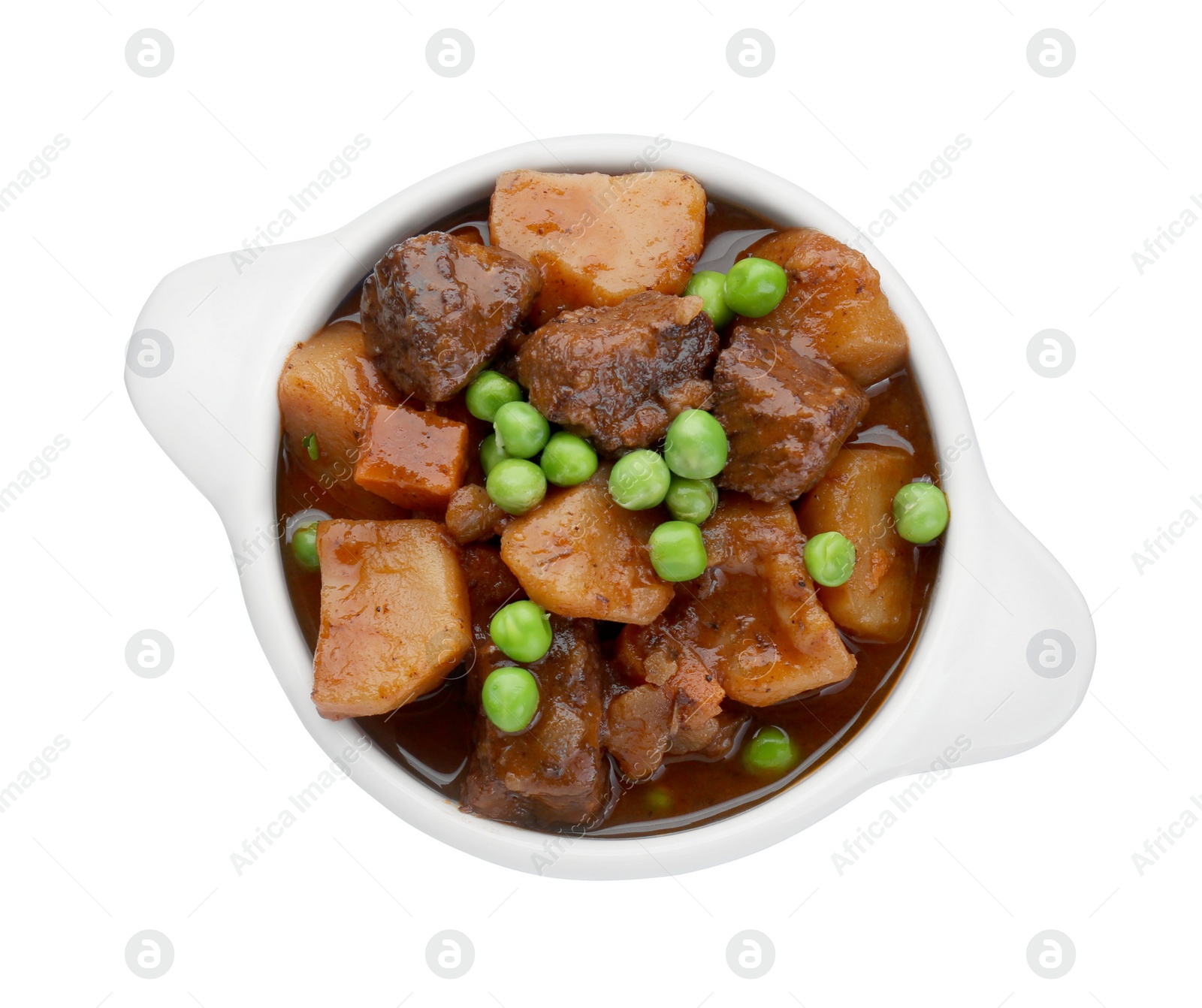 Photo of Delicious beef stew with carrots, peas and potatoes on white background, top view