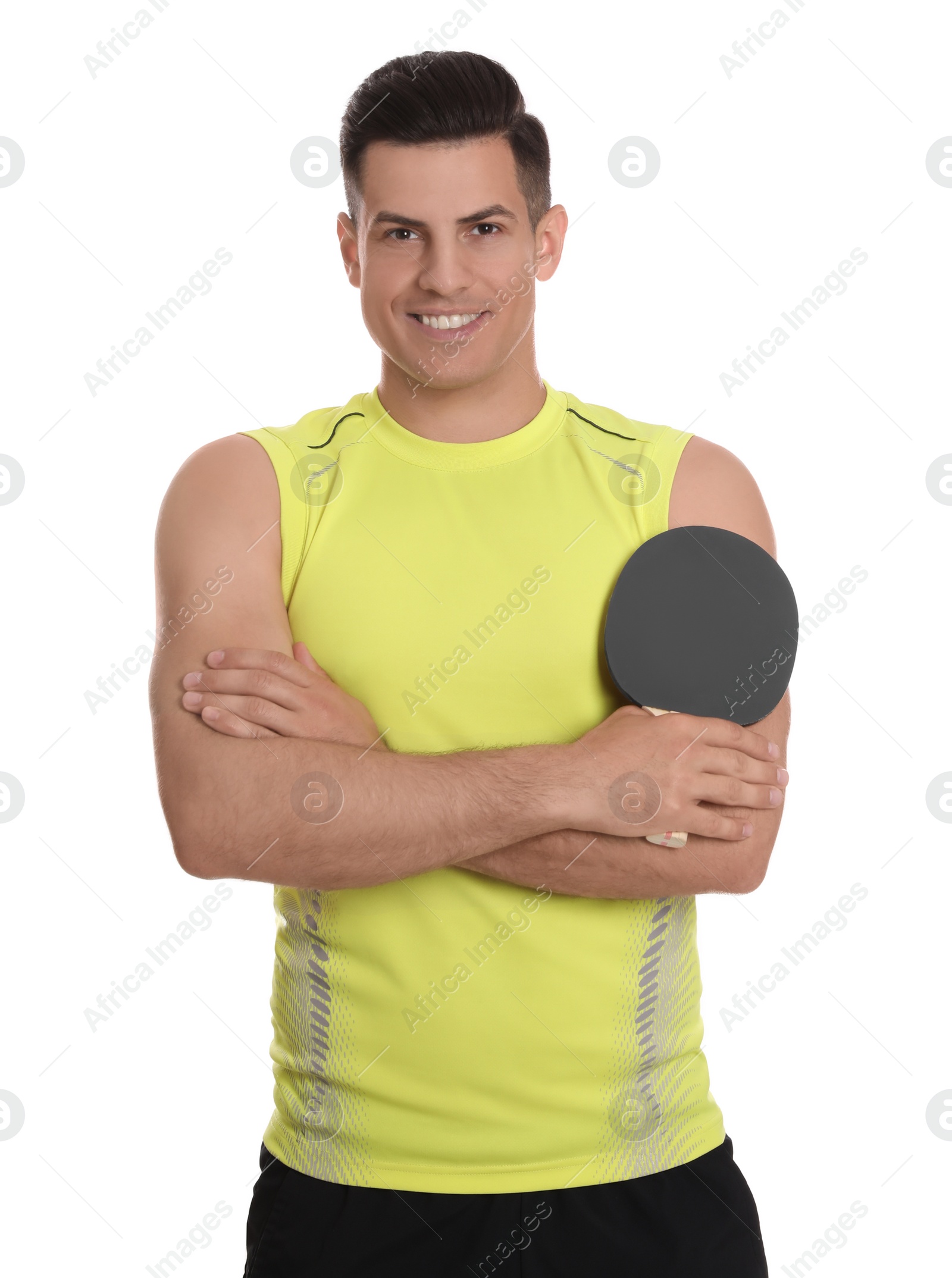 Photo of Handsome man with table tennis racket on white background. Ping pong player