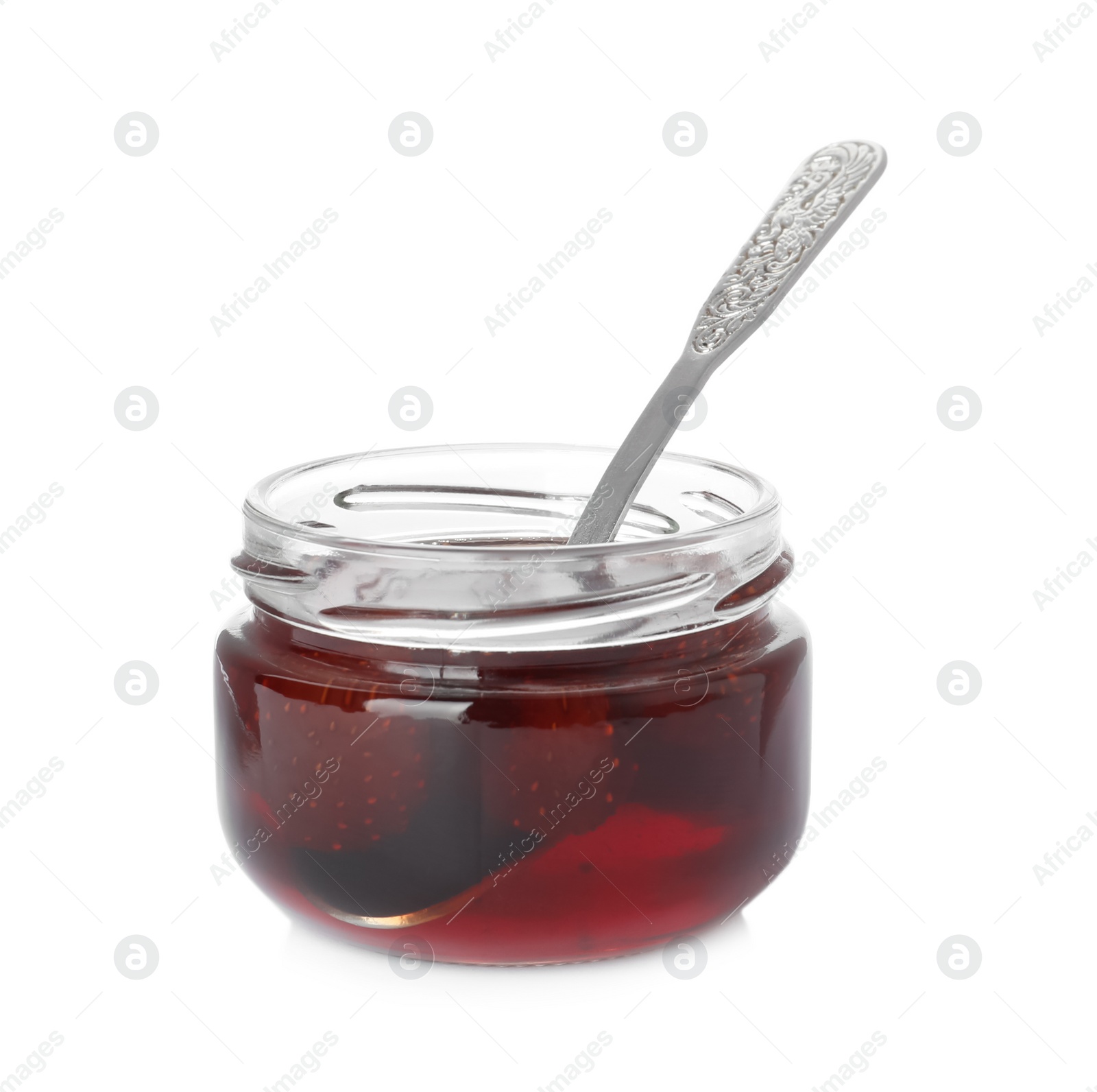 Photo of Delicious pickled strawberry jam in glass jar isolated on white